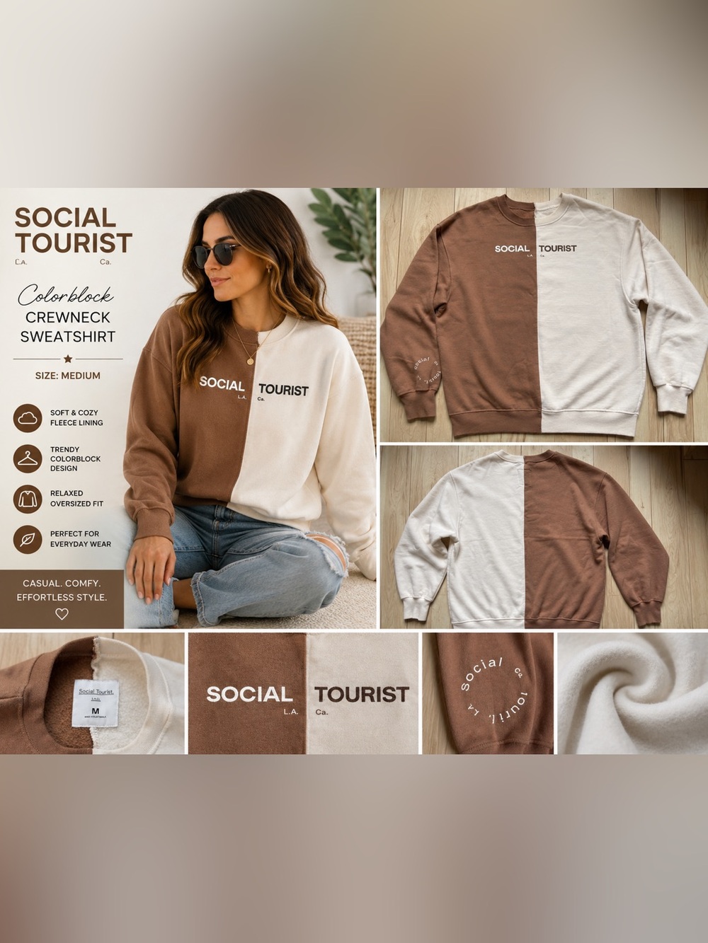 Social Tourist Colorblock Crewneck Sweatshirt Medium Brown Cream Oversized